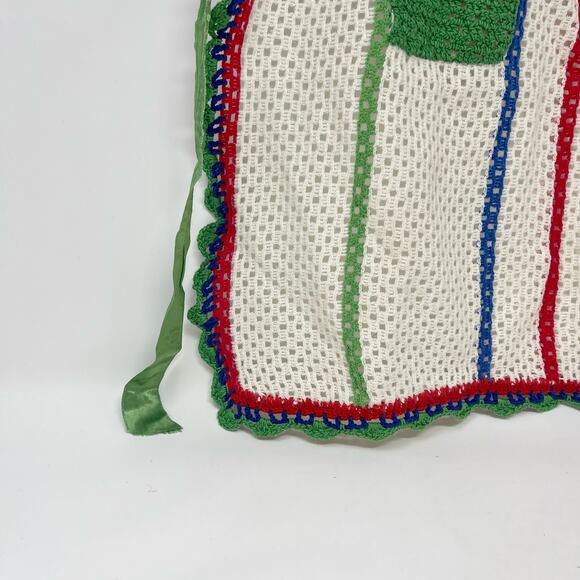 Vintage Off-White w/Red Blue Green Stripes Hand Crochet Green Pocket Half Apron‎ - Picture 4 of 6